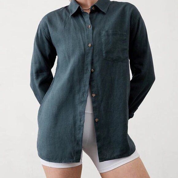 Athleta Tops - ATHLETA RETREAT LINEN TOP LONG SLEEVE BUTTON DOWN EDEN BLUE XXS VACATION RESORT